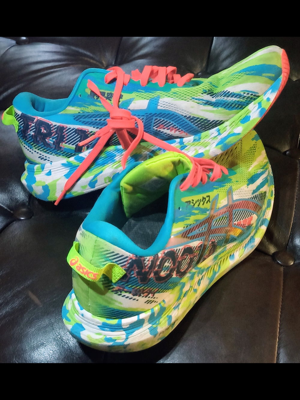 ASICS Neon Green & Blue Running Shoes with Coral Laces